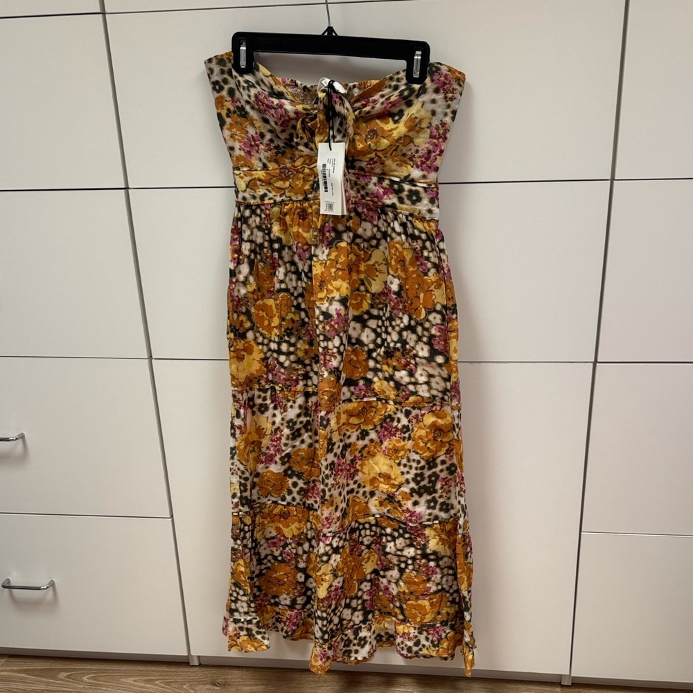 ba&sh Strapless Dress with Yellow and Brown Floral Design